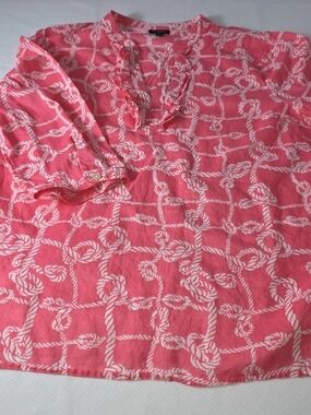 Talbots Coral and White Rope-Print Button Down Shirt 3/4 Dleeve PM